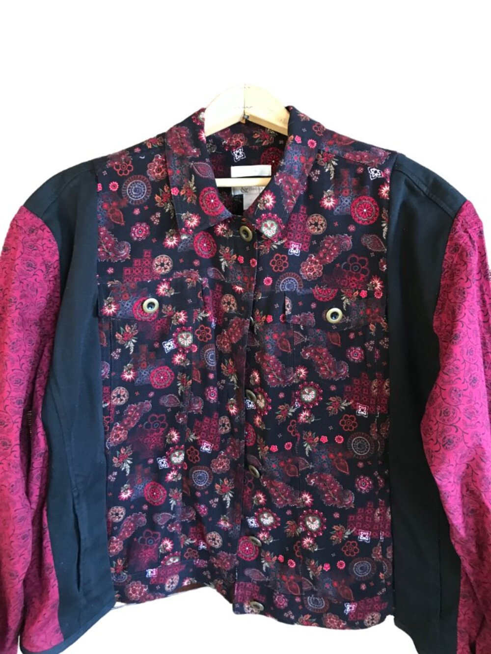 Upcycled Mixed Print Blazer, Oversized Quirky Button-Down Jacket Size L to XL